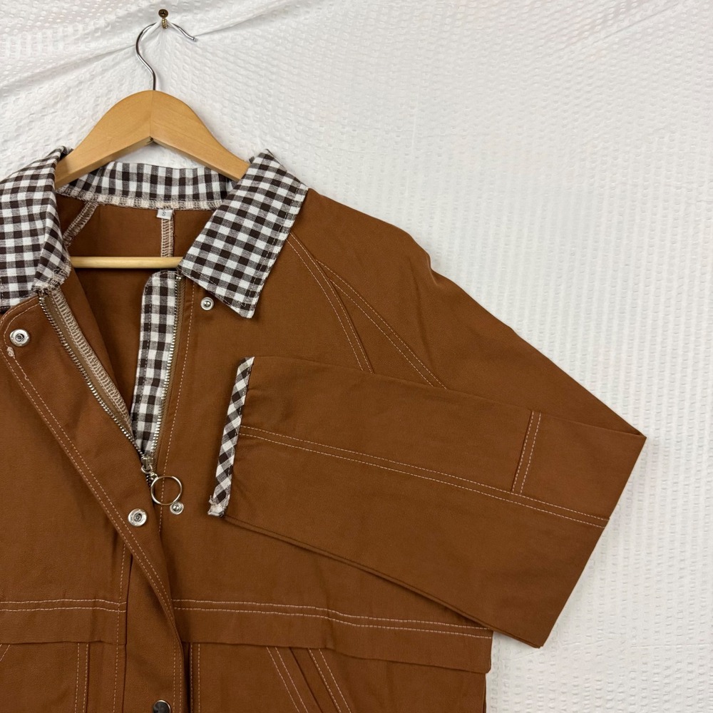 Brown Canvas Utility Jacket Gingham Trim Contrast Stitch Workwear Small